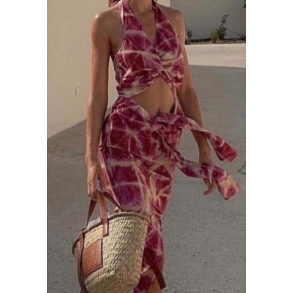 Zara Tie-Dye Knotted Cutout Maxi Dress Pink  XS Cruise Resort Vacation Blogger